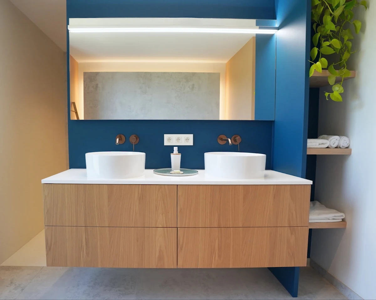 Badmeubel met blauwe wand en dubbele waskom